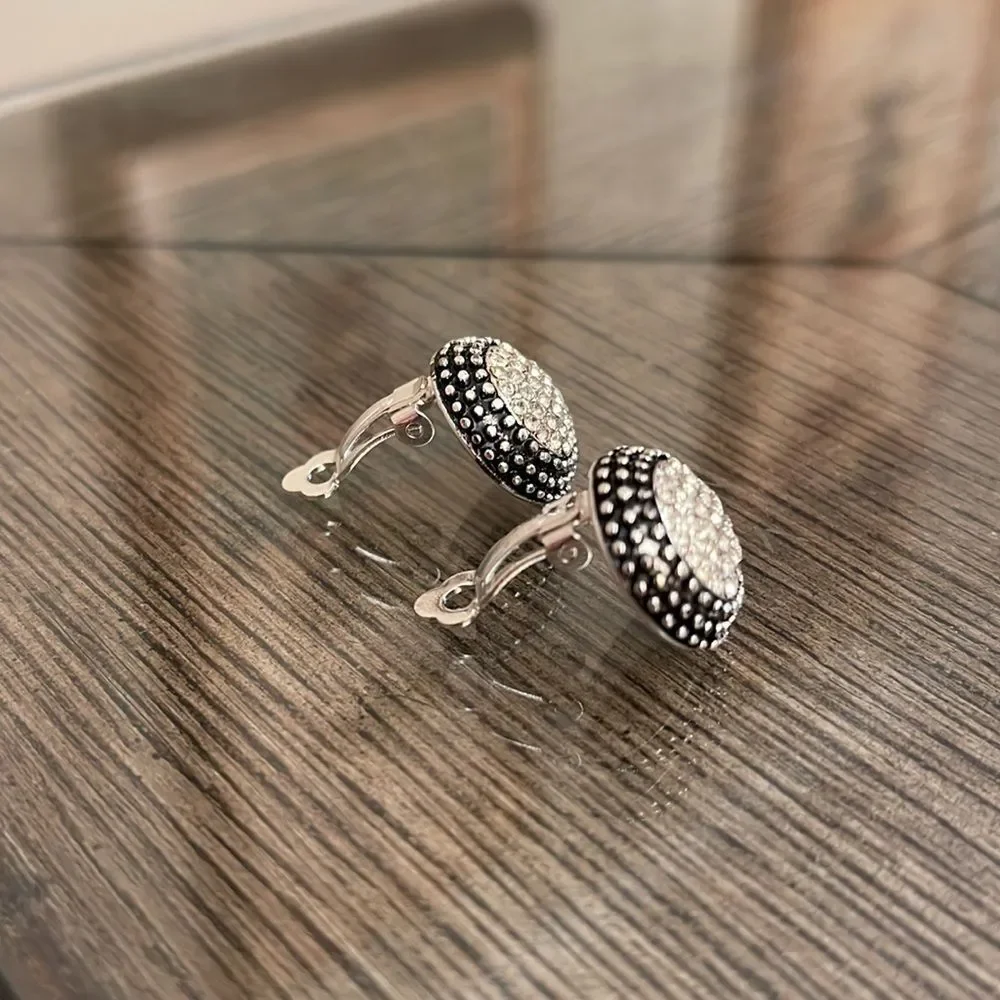 Vintage Round Button Clip Earrings with Rhinestone Pave Centers